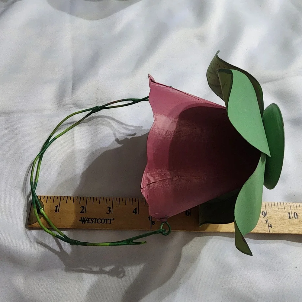 Vintage Hand Painted Metal Pink Flower Basket Tealight Holder Garden Decor